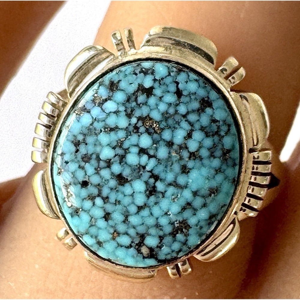 Navajo Turquoise Ring Sz 8 Sterling Norvin Johnson Round Spiderweb Fluted Native